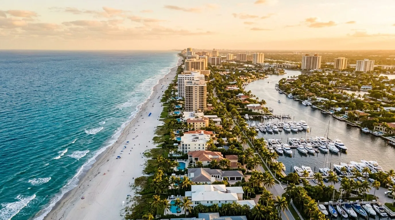 Aerial view of the Boca Raton coastline at golden hour with turquoise water and palm-lined marina