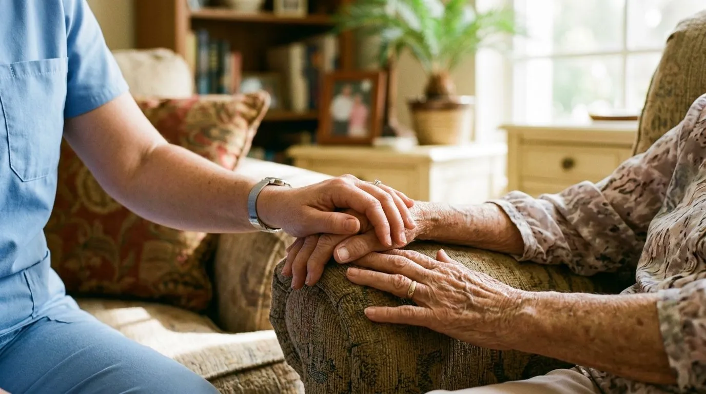 Home healthcare caregiver in scrubs helping a senior patient use a tablet in a sunlit Florida living room