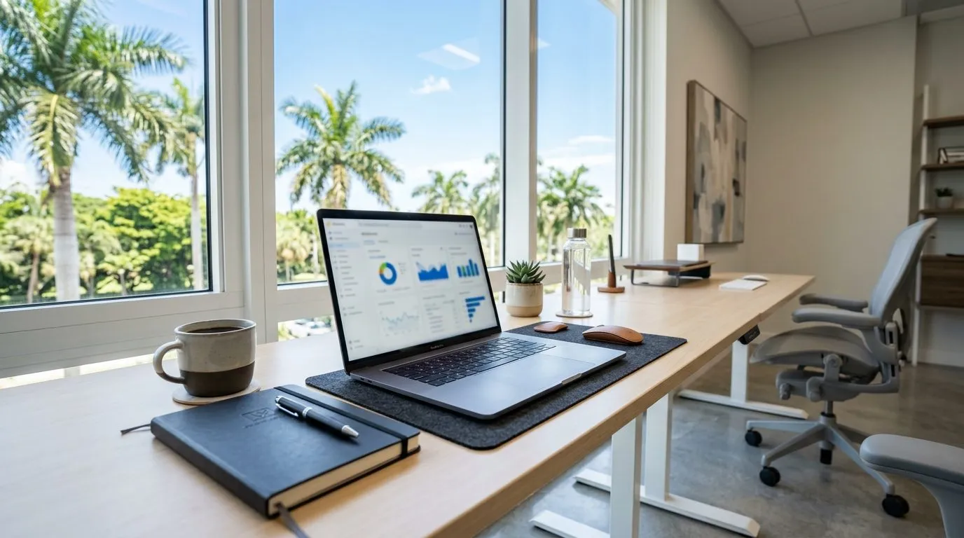 Boutique marketing office desk in Boca Raton with a laptop, notebook, and palm trees visible through the window